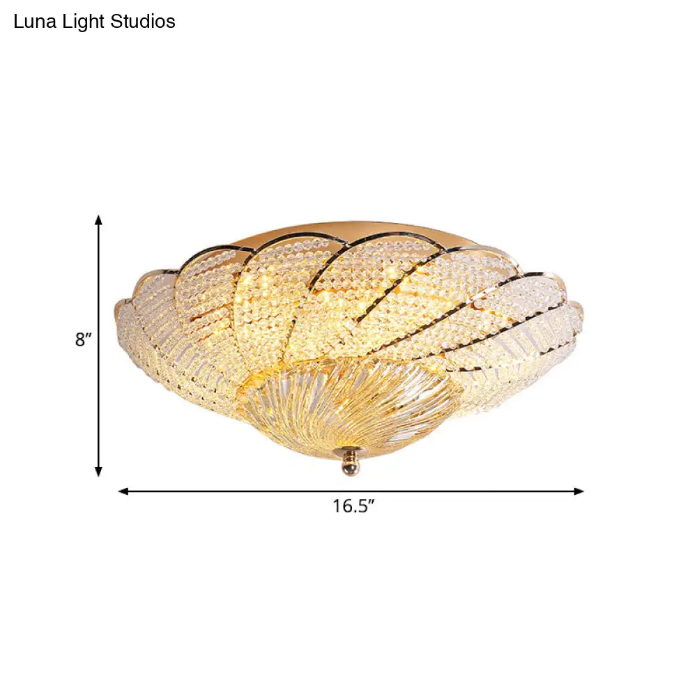 Vintage Scalloped Flush Light With Crystal Beads In Gold - 13’/16.5’/20.5’ W Yellow/White