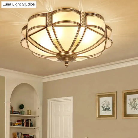 Vintage Scalloped Frosted Glass Flush Mount Light With Brass Finish - 3 Lights For Bedroom Ceiling