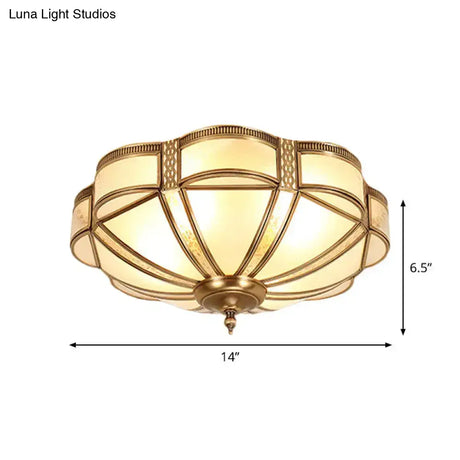 Vintage Scalloped Frosted Glass Flush Mount Light With Brass Finish - 3 Lights For Bedroom Ceiling