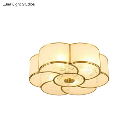 Vintage Scalloped Frosted Glass Flush Mount Light With Brass Finish - 3 Lights For Bedroom Ceiling