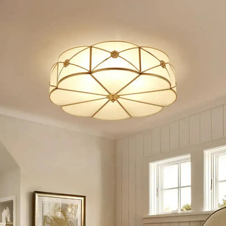 Vintage Scalloped Frosted Glass Flush Mount Light With Brass Finish - 3 Lights For Bedroom Ceiling