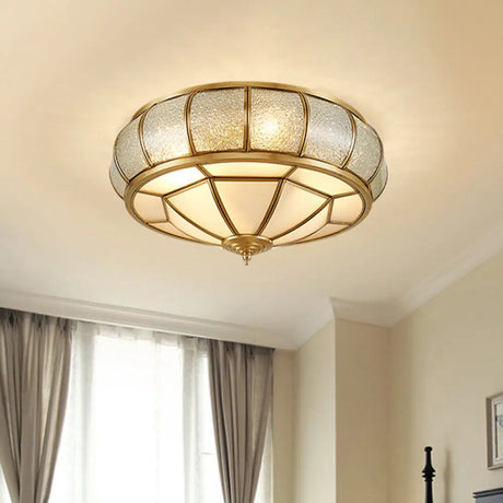 Vintage Scalloped Frosted Glass Flush Mount Light With Brass Finish - 3 Lights For Bedroom Ceiling
