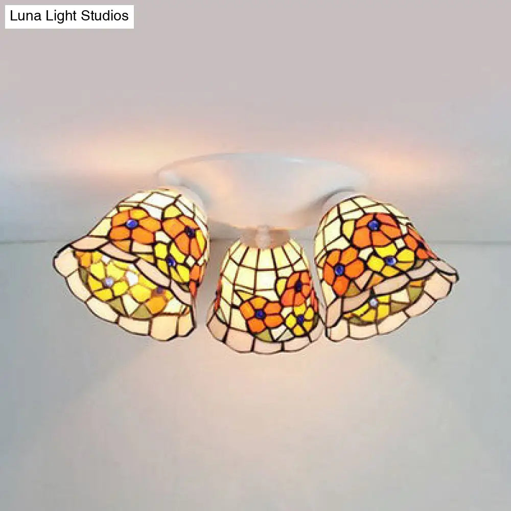 Vintage Scalloped Glass Ceiling Light With Floral Patterns And 3 Lights In White / Morning Glory