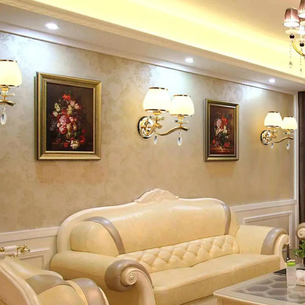 Vintage Sconce Lighting: Wall-Mounted Gold Light With Tapered White Glass Shade For Living Room 2 /