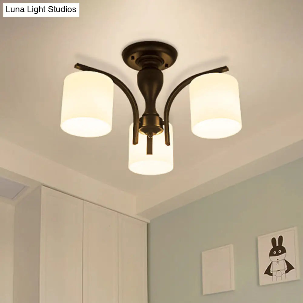 Vintage Semi-Mount Ceiling Light In Black With White Glass Cylinder - 3/5/8 Lights For Living Room