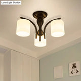 Vintage Semi-Mount Ceiling Light In Black With White Glass Cylinder - 3/5/8 Lights For Living Room