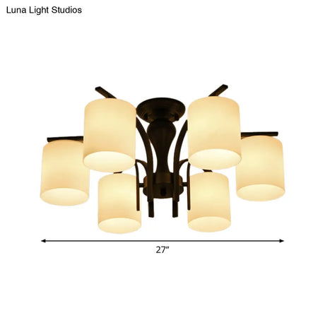 Vintage Semi-Mount Ceiling Light In Black With White Glass Cylinder - 3/5/8 Lights For Living Room