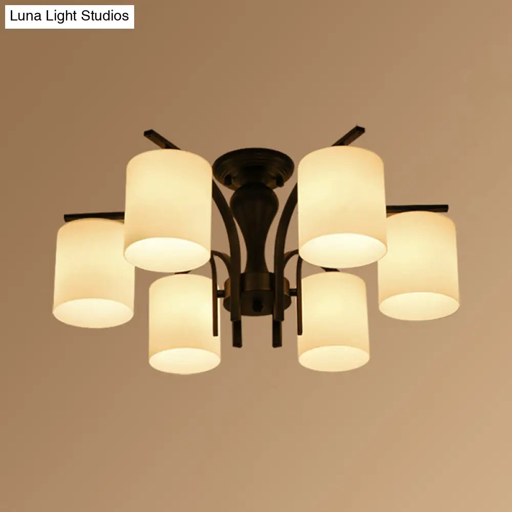 Vintage Semi-Mount Ceiling Light In Black With White Glass Cylinder - 3/5/8 Lights For Living Room