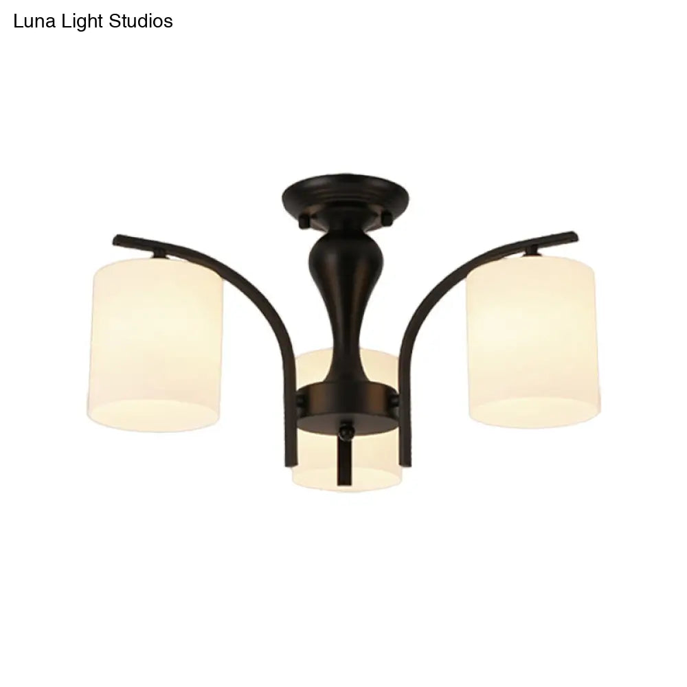 Vintage Semi-Mount Ceiling Light In Black With White Glass Cylinder - 3/5/8 Lights For Living Room