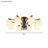 Vintage Semi-Mount Ceiling Light In Black With White Glass Cylinder - 3/5/8 Lights For Living Room