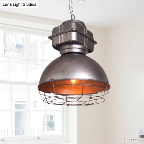 Vintage Silver Cage Pendant Ceiling Light - Metallic Hanging Lamp With Dome Shape