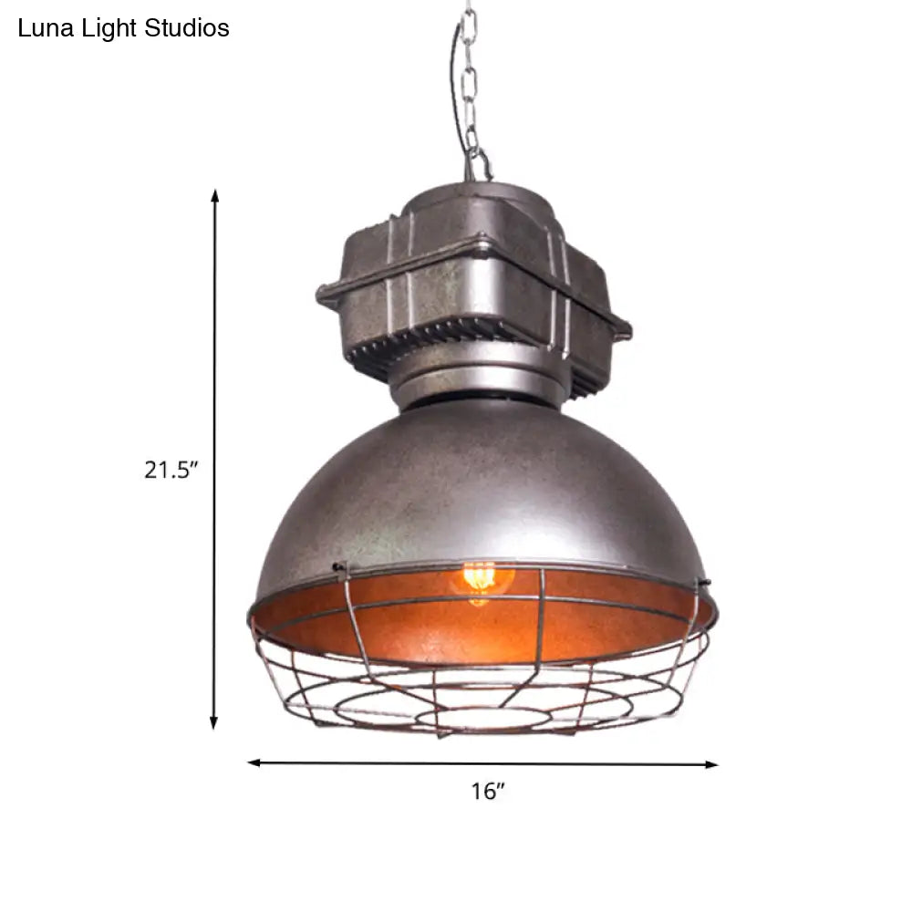 Vintage Silver Cage Pendant Ceiling Light - Metallic Hanging Lamp With Dome Shape