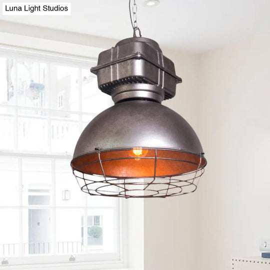 Vintage Dome Pendant Ceiling Light - Silver Metallic 1-Head Hanging Lamp With Cage