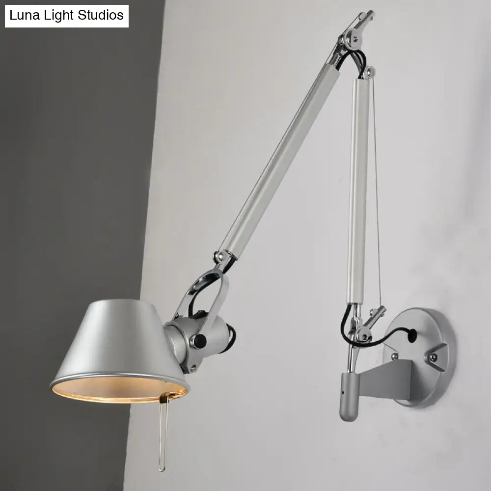 Vintage Silver Conical Wall Sconce With Swing Arm - 1 Bulb Light For Living Room