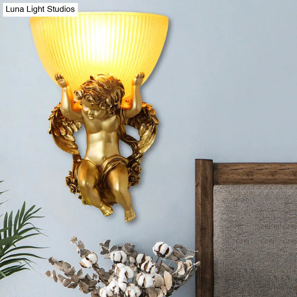 Vintage Silver/White/Beige Resin Angel Wall Lamp With Amber Fluted Glass Shade