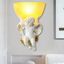 Vintage Silver/White/Beige Resin Angel Wall Lamp With Amber Fluted Glass Shade White