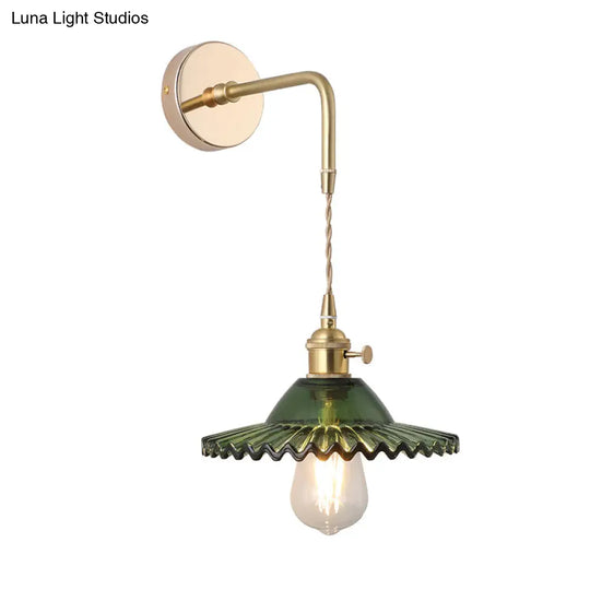 Vintage Single-Bulb Bedside Wall Mounted Lamp In Gold - Shaded Glass Light Fixture