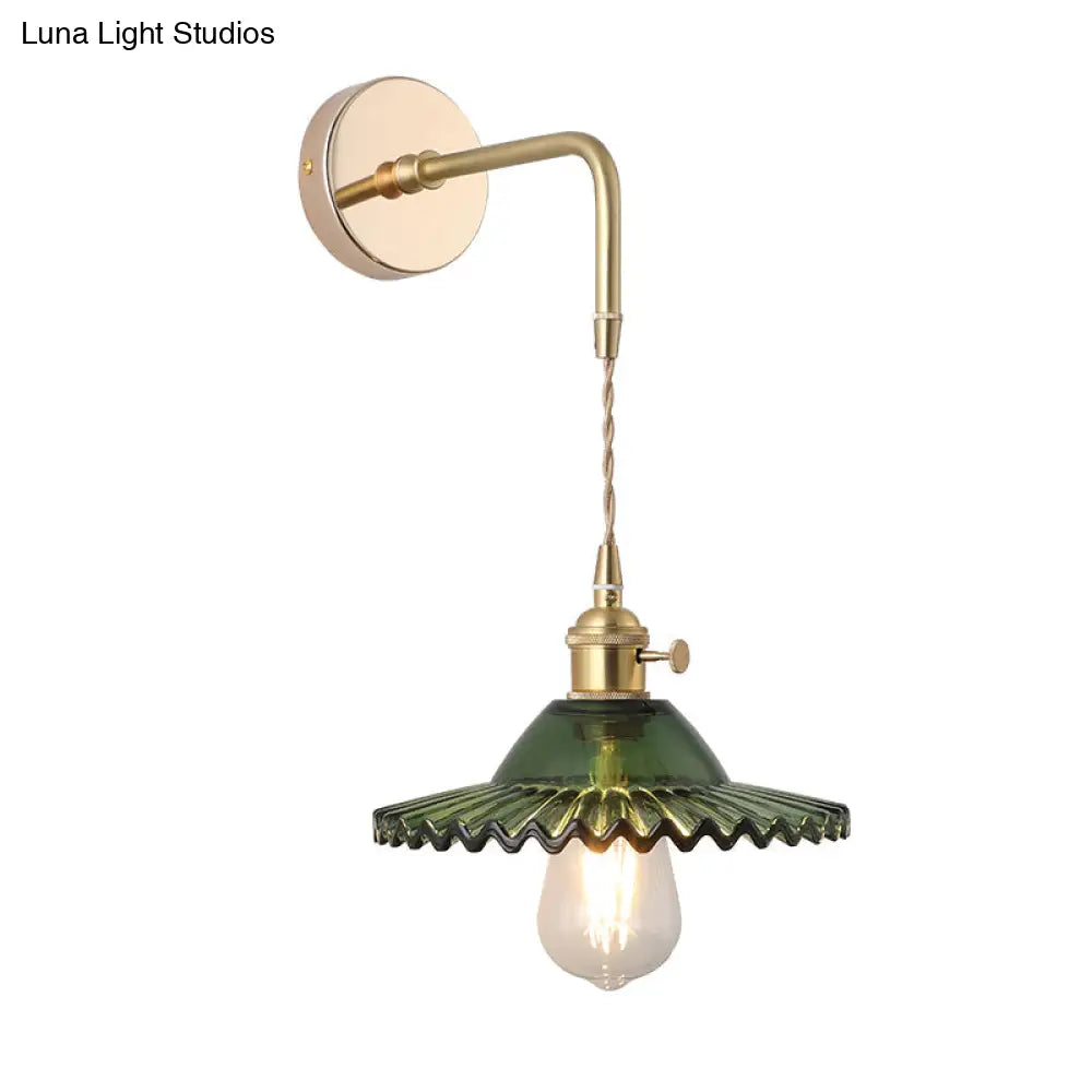 Vintage Single-Bulb Bedside Wall Mounted Lamp In Gold - Shaded Glass Light Fixture