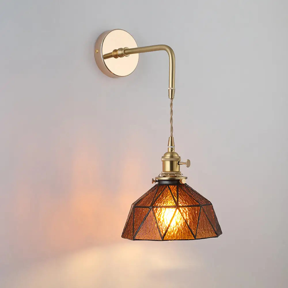 Vintage Single-Bulb Bedside Wall Mounted Lamp In Gold - Shaded Glass Light Fixture / L
