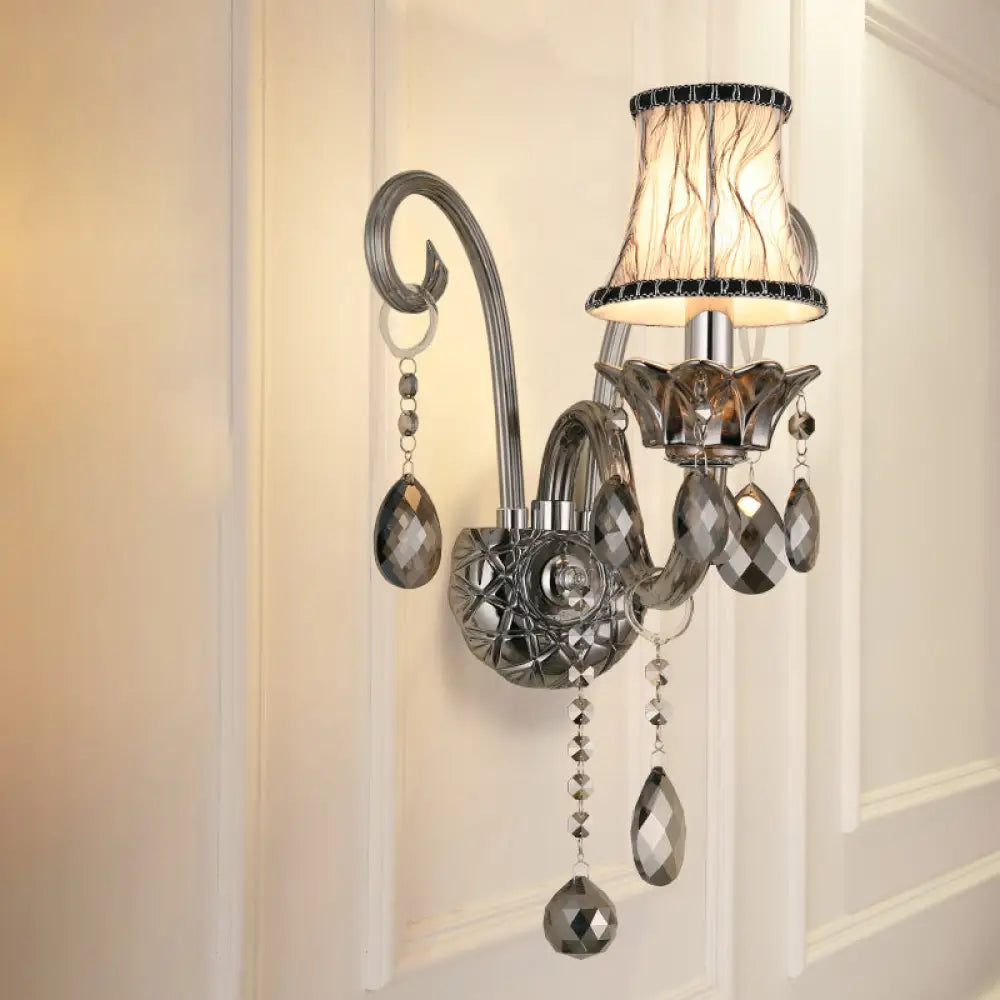 Vintage Smoke Gray Crystal Bell Sconce - Half-Bulb Retro Wall Lamp With Fabric Shade For Living Room