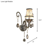 Vintage Smoke Gray Crystal Bell Sconce - Half-Bulb Retro Wall Lamp With Fabric Shade For Living Room