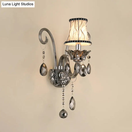 Vintage Smoke Gray Crystal Bell Sconce - Half-Bulb Retro Wall Lamp With Fabric Shade For Living Room