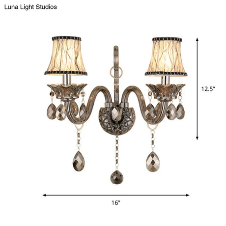 Vintage Smoke Gray Crystal Bell Sconce - Half-Bulb Retro Wall Lamp With Fabric Shade For Living Room