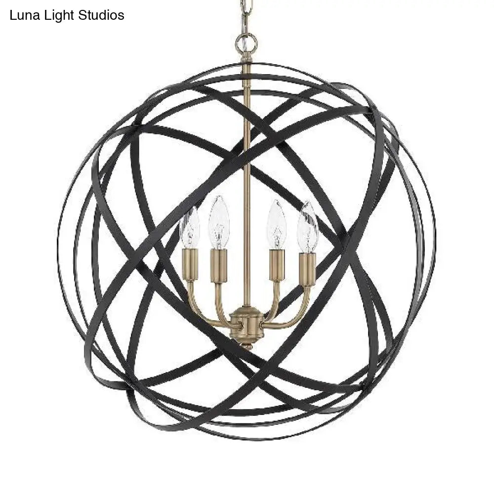 Vintage Stylish Spherical Cage Chandelier - 4-Light Metallic Hanging Light In Black Finish For