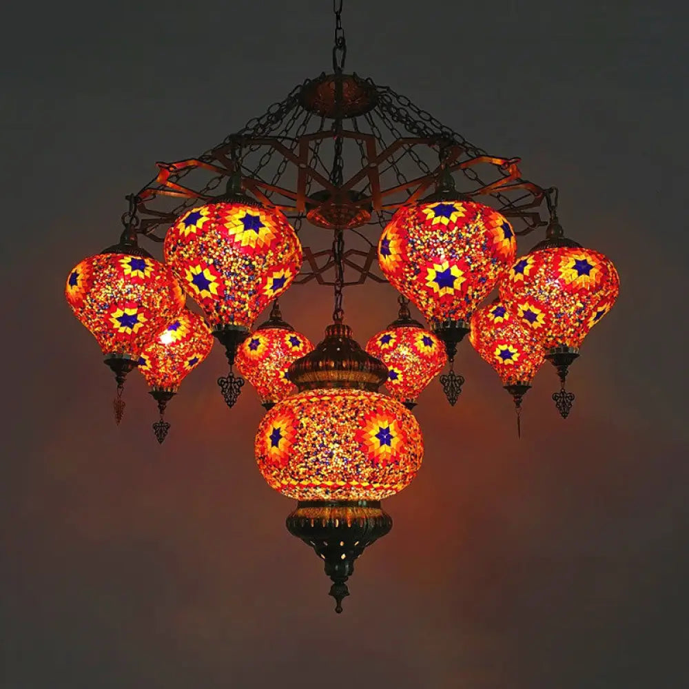 Vintage Stained Art Glass Chandelier - Red/Blue 9-Head Ceiling Light Fixture Red