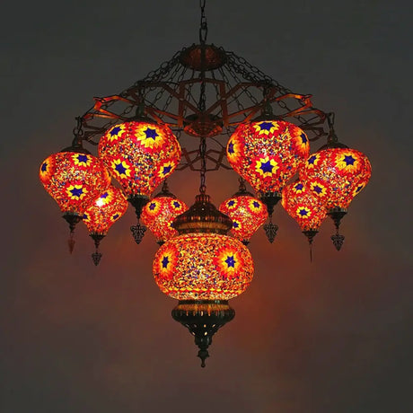 Vintage Stained Art Glass Chandelier - Red/Blue 9-Head Ceiling Light Fixture Red