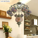 Vintage Stained Art Glass Chandelier - Red/Blue 9-Head Ceiling Light Fixture