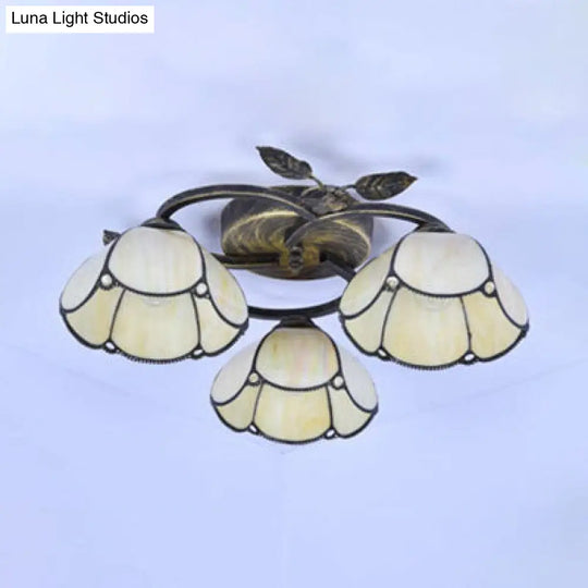 Vintage Stained Glass Bowl Ceiling Light Fixture 3 Lights Industrial Style - White/Blue/Beige