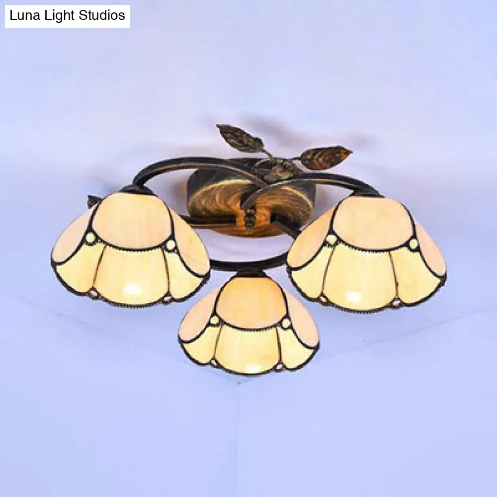 Vintage Stained Glass Bowl Ceiling Light Fixture 3 Lights Industrial Style - White/Blue/Beige Beige