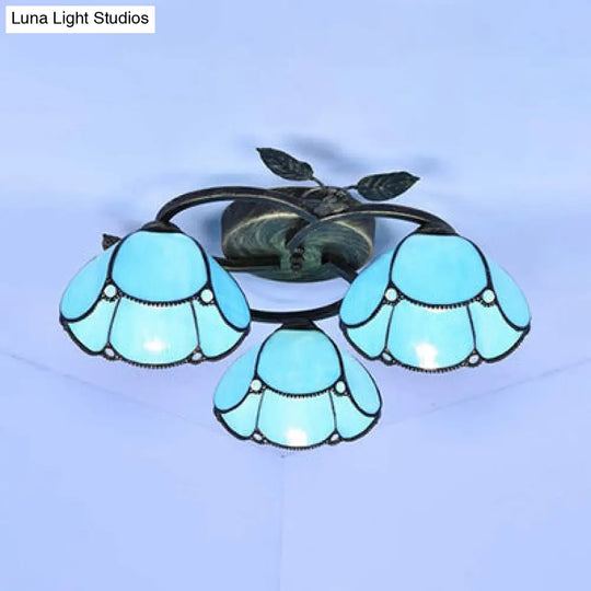 Vintage Stained Glass Bowl Ceiling Light Fixture 3 Lights Industrial Style - White/Blue/Beige Blue