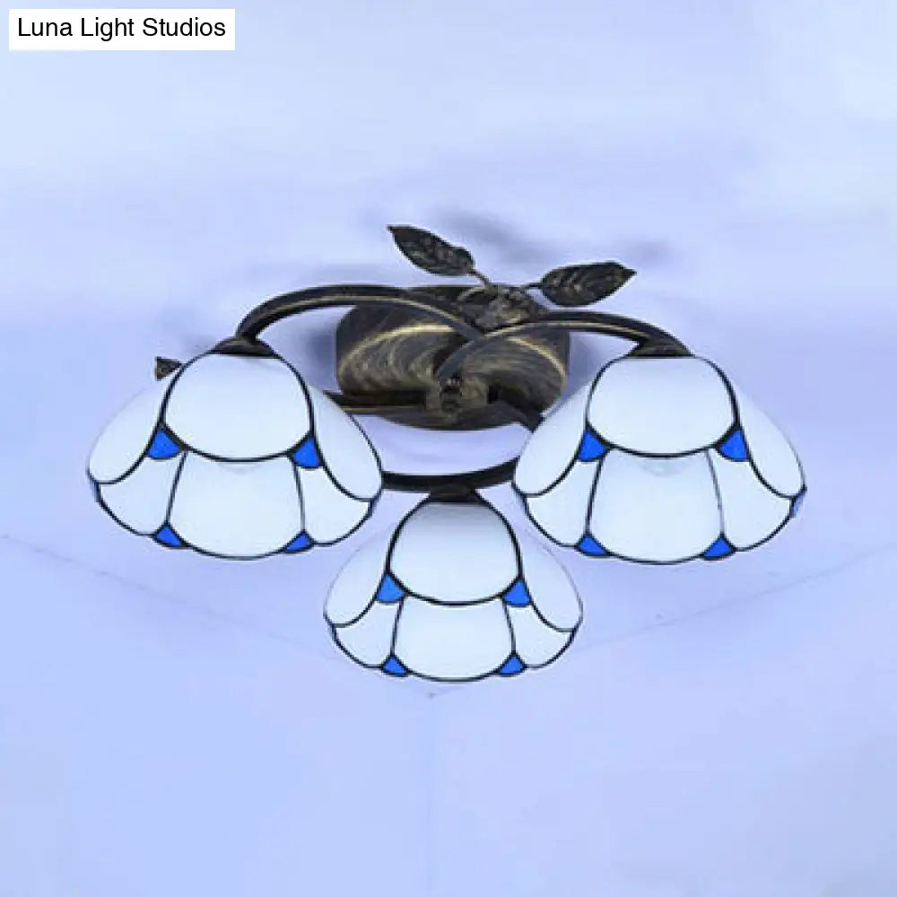 Vintage Stained Glass Bowl Ceiling Light Fixture 3 Lights Industrial Style - White/Blue/Beige