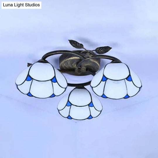 Vintage Stained Glass Bowl Ceiling Light Fixture 3 Lights Industrial Style - White/Blue/Beige