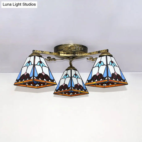 Vintage Stained Glass Ceiling Light - Conic Flushmount With Art Pattern 3 Lights