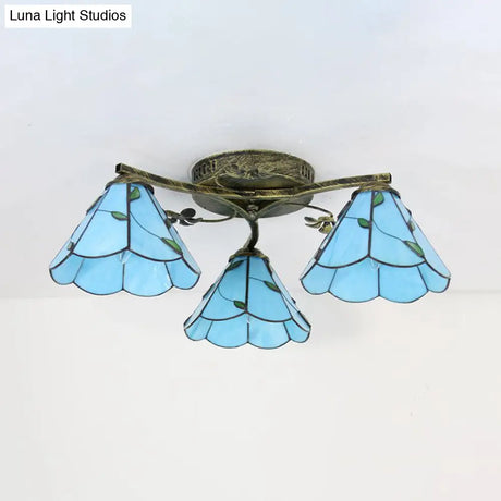 Vintage Stained Glass Ceiling Light - Conic Flushmount With Art Pattern 3 Lights