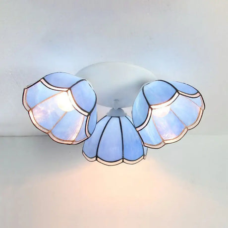 Vintage Stained Glass Ceiling Light Fixture - 3 - Light Industrial Domed Design In Blue Tones