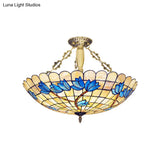 Vintage Stained Glass Ceiling Light Fixture - 4 - Light Semi Flush Mount For Dining Room Tulip