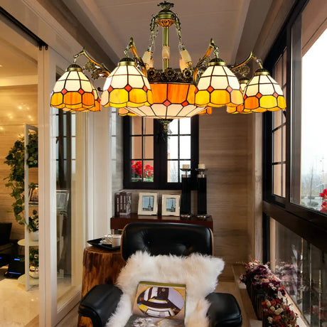 Vintage Stained Glass Ceiling Light With Multiple Bulb Options - Yellow Semi-Globe Design For