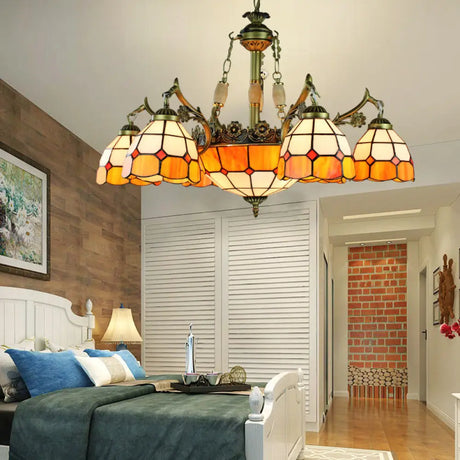 Vintage Stained Glass Ceiling Light With Multiple Bulb Options - Yellow Semi-Globe Design For