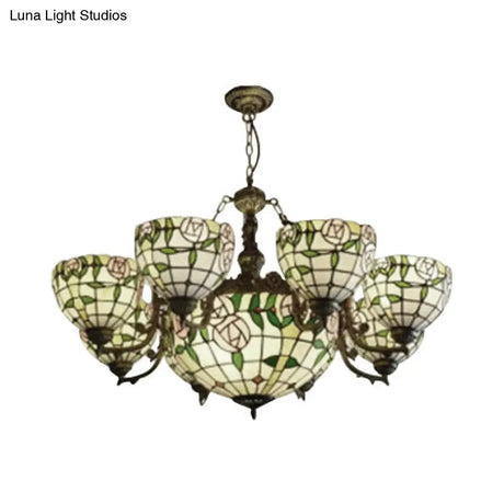 Vintage Stained Glass Chandelier - 8 Arm Industrial Pendant With Center Bowl Ideal For Dining Room