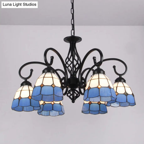 Vintage Stained Glass Chandelier Handcrafted Floral Hanging Light For Hall