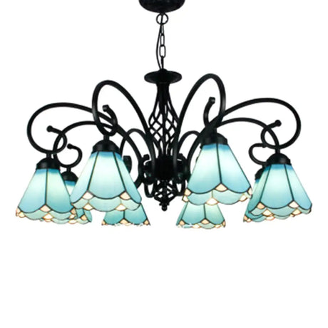 Vintage Stained Glass Chandelier Handcrafted Floral Hanging Light For Hall 8 / Blue