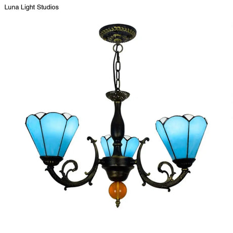 Vintage Stained Glass Chandelier: Sky Blue Conic Shape 3 Lights - Decorative Hanging Light For