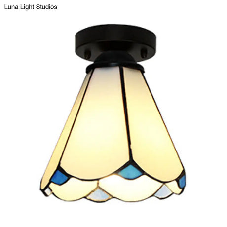 Vintage Stained Glass Conic Ceiling Light Fixture In White/Clear/Beige For Bedroom