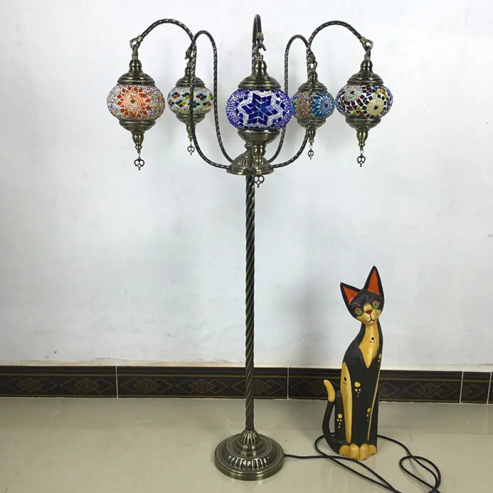 Vintage Stained Glass Curved Arm Floor Lamp - Yellow/Blue 5-Head Standing Light For Reading Blue