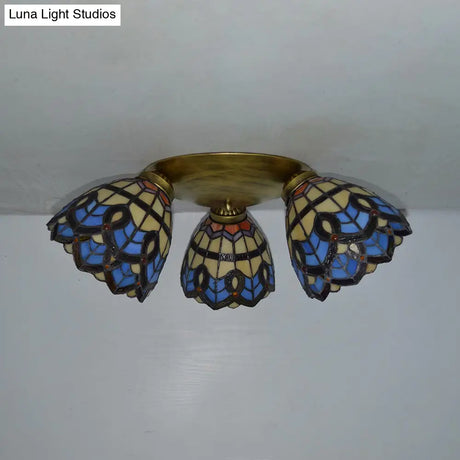 Vintage Stained Glass Dome Shade Ceiling Fixture - Victorian/Mediterranean/Baroque Pattern Flush