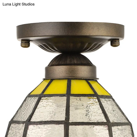 Vintage Stained Glass Domed Flush Mount Light Fixture For Bedroom